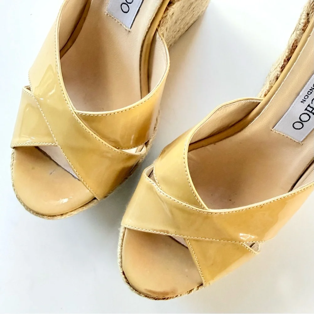 Jimmy Choo Patent Leather Espadrille Wedge Sandals Tan Camel 39